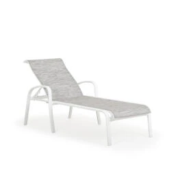 Madeira Outdoor Sling Chaise Lounge In Textured White With Caribbean Cane Sling