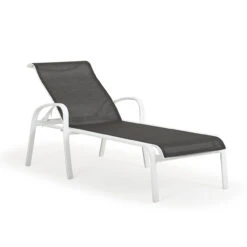 Madeira Outdoor Sling Chaise Lounge In Textured White With Dupione Smoke Sling
