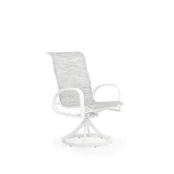 Madeira Outdoor Sling Swivel Dining Chair In Textured White With Caribbean Cane Sling