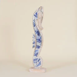 Indoor Small Wooden Seahorse With Blue & White Mosaic Design