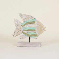 Indoor Wooden Fish On Stand With Aqua & Green Highlights