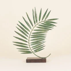 Indoor Single Green Metal Palm Leaf On Black Stand