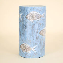 Wood Stool/Table, Aqua With White Fish Pattern