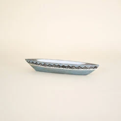 Boat Dish, Blue And White, Carved Wood
