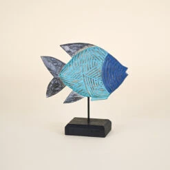 Fish On Stand, Teal And Dark Blue, Carved Wood
