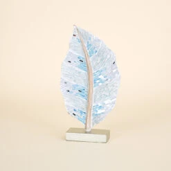 Wood Leaf On Grey Stand With Mosaics, Teal And White