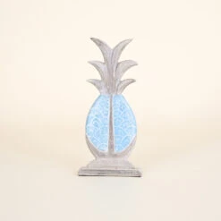 Wood Pineapple On Stand, Natural Wood And Aqua, Large
