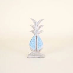 Wood Pineapple On Stand, Natural Wood And Aqua, Small