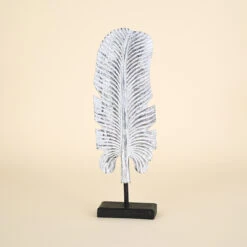 Carved Leaf On Black Stand, White With Dark Detail, Large