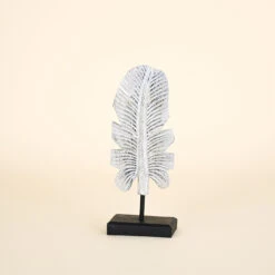 Carved Leaf On Black Stand, White With Dark Detail, Small