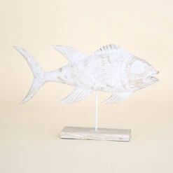 Carved Wood Fish On Natural Stand, Grey And White