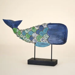 Whale On Black Stand, Navy Blue And Teal With Rope Detail