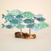 School Of Carved Fish On Root Base, Aqua, Teal And Dark Blue