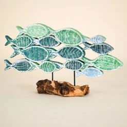 School Of Carved Fish On Root Base, Aqua, Teal And Dark Blue