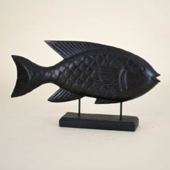 Wood Fish On Black Stand, Black