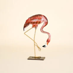 Iron Flamingo On Flat Black Stand With Head Looking Down