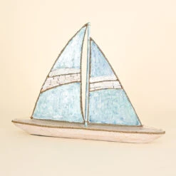 Wood Boat, Natural, White And Aqua