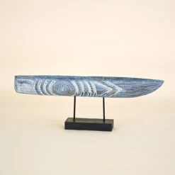 Primitive Boat On Black Stand With Mosaic, Blue And White