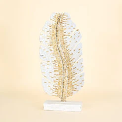 Mosaic Leaf On Stand, White, Silver And Yellow