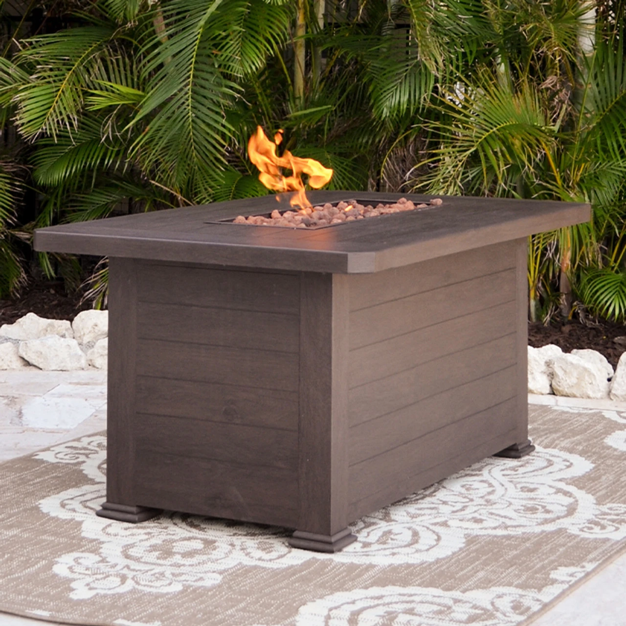 Maldives Outdoor Aluminum Rectangular Fire Pit In Black Walnut - Image 4