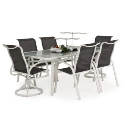 Madeira Outdoor Sling Swivel Dining Chair In Textured White With Dupione Smoke Sling
